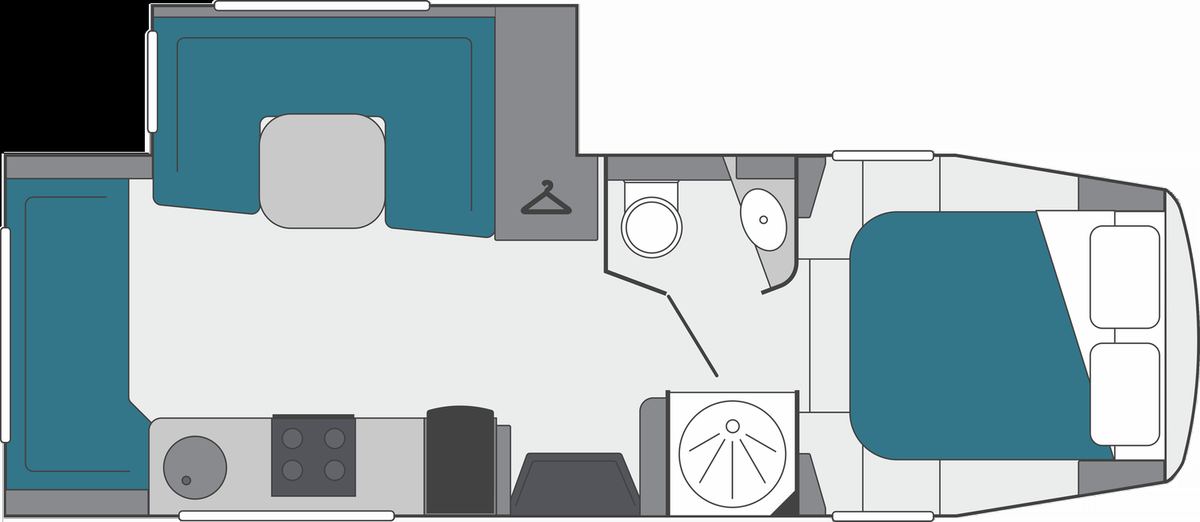 Floor plan of the Dreamseeker in day layout: dinette in the slide-out, galley kitchen, bathroom with separate shower and the island bed at the rear