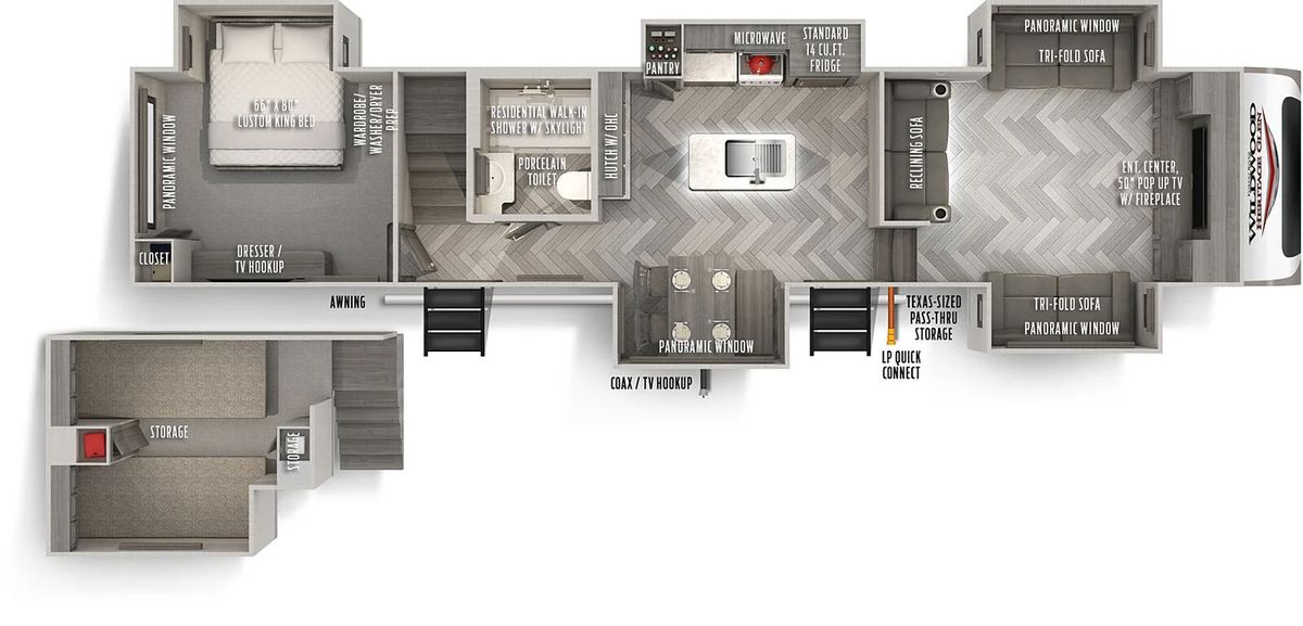 Floor plan of the Heritage Glen: front living with tri-fold sofas, kitchen island, walk-in shower, rear king bedroom and the loft above