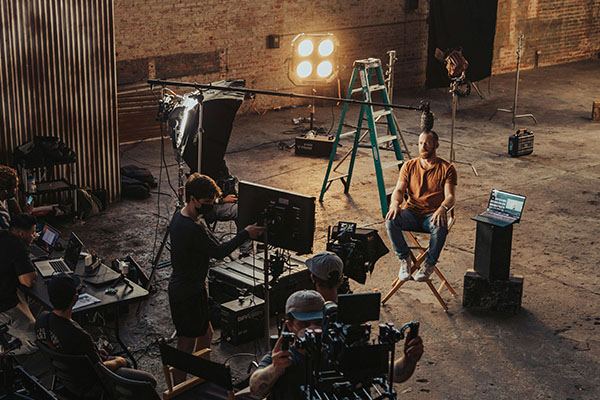 A commercial shoot on location, with unit accommodation in place