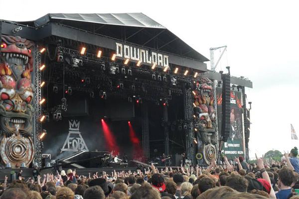 Rock fans at Download Festival, Donington Park, with a real shower waiting