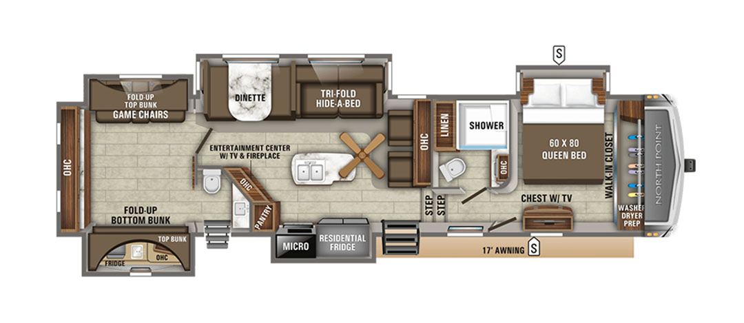 Floor plan of the Jayco Northpoint showing the front living room and rear king bedroom